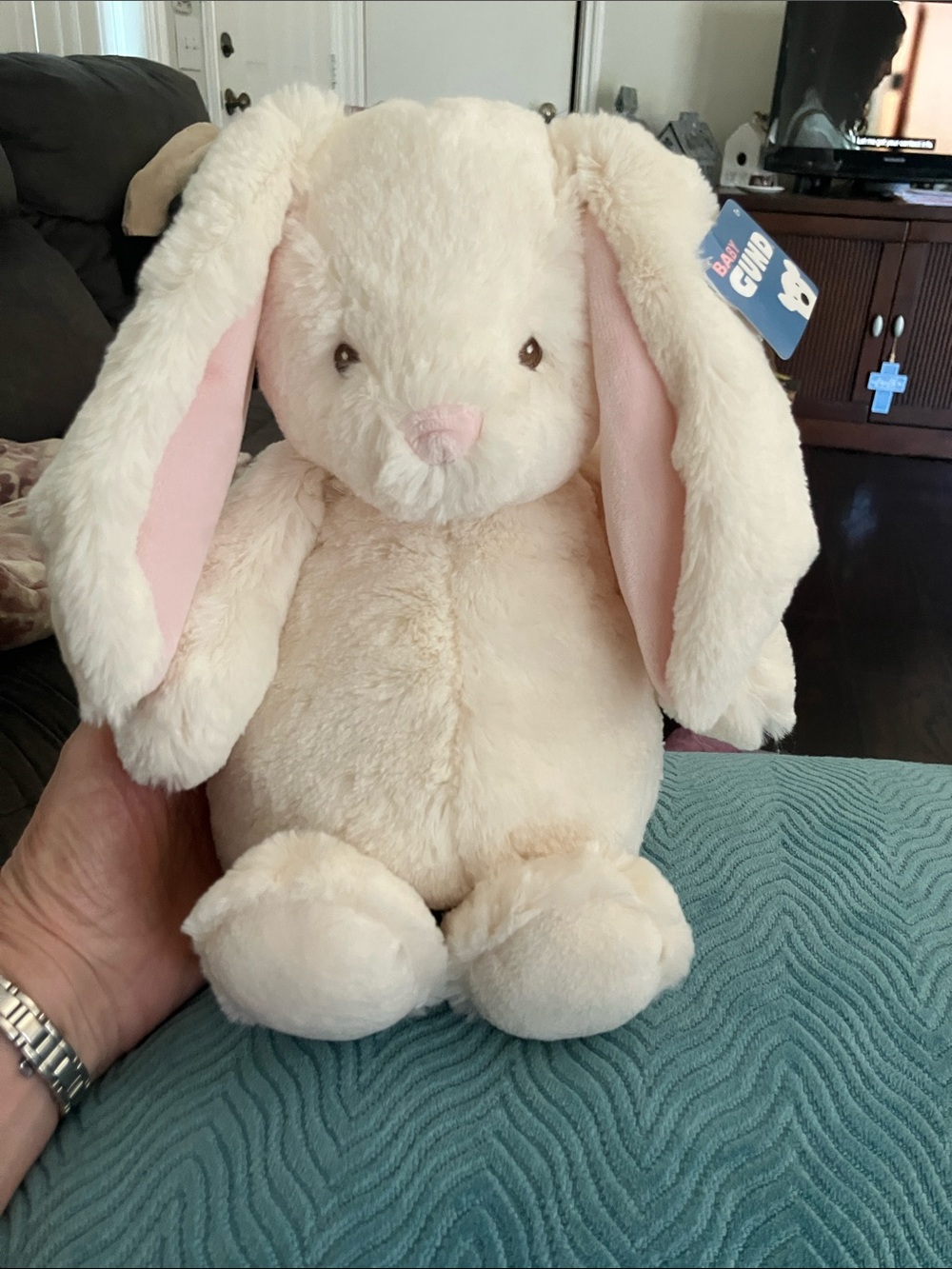 GUND Cream Plush Bunny with Pink Ear Accents